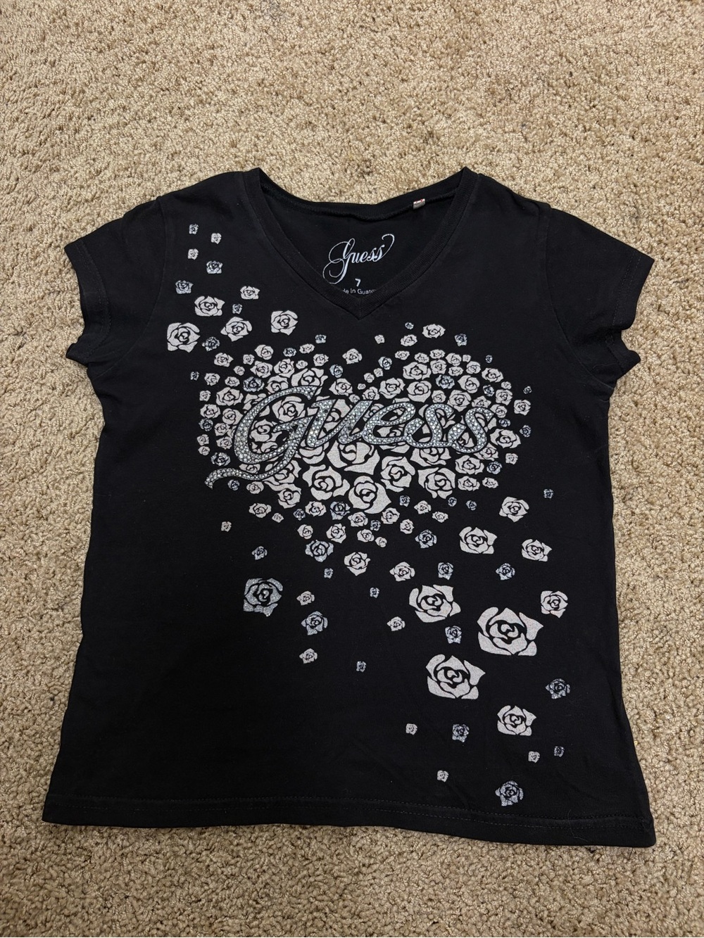 Guess Black Short-Sleeve Tee with Silver Rose Heart Graphic
